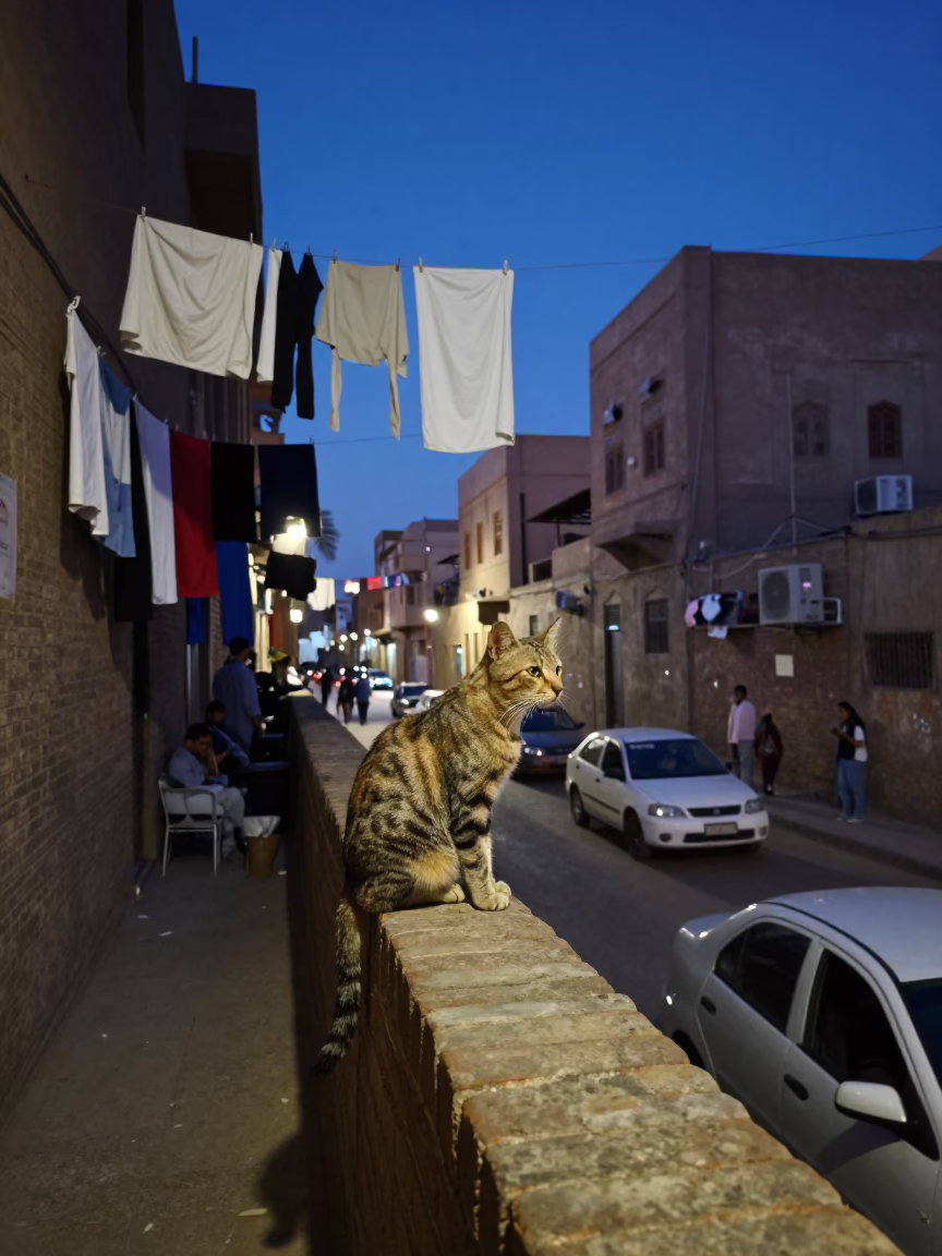 Luxor Egypt street scene at blue hour with laundry and local life in in Luxor, Egypt