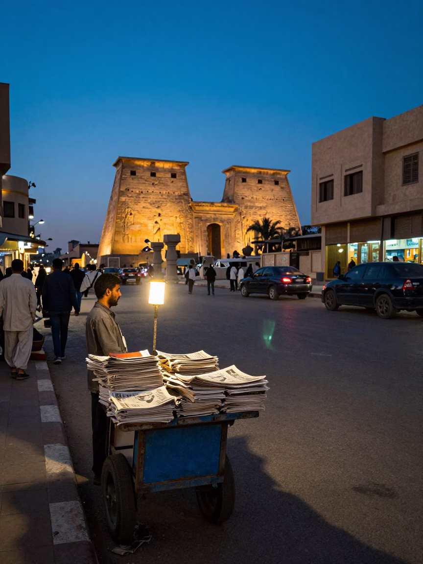 Luxor Egypt street scene at blue hour with newspaper stack and book light in in Luxor, Egypt