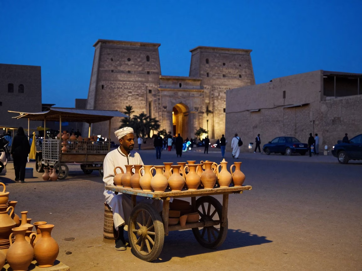 Luxor Egypt Street Scene at Blue Hour with Traditional Pottery and Local Life in in Luxor, Egypt