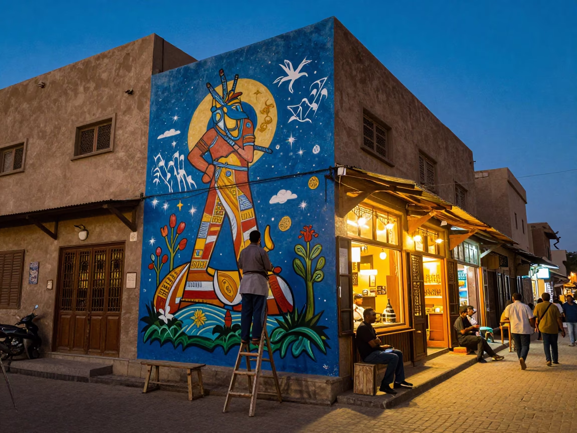 Luxor Egypt street scene at blue hour with vibrant mural painting and local activity in in Luxor, Egypt