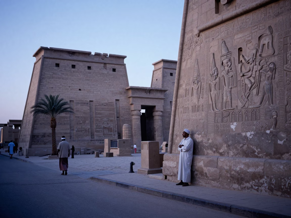 Luxor Egypt street scene at dawn with locals near ancient temple ruins in in Luxor, Egypt
