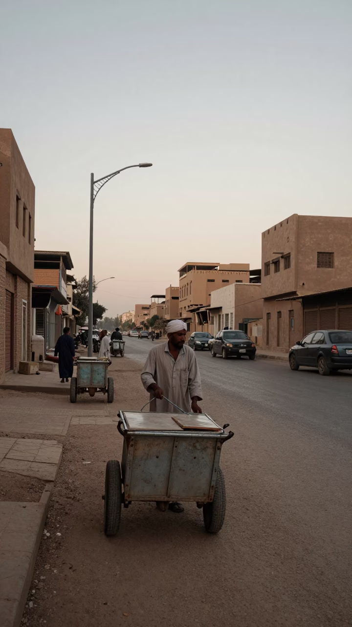 Luxor Egypt street scene at dawn with vendor rolling carts near ancient temple in in Luxor, Egypt