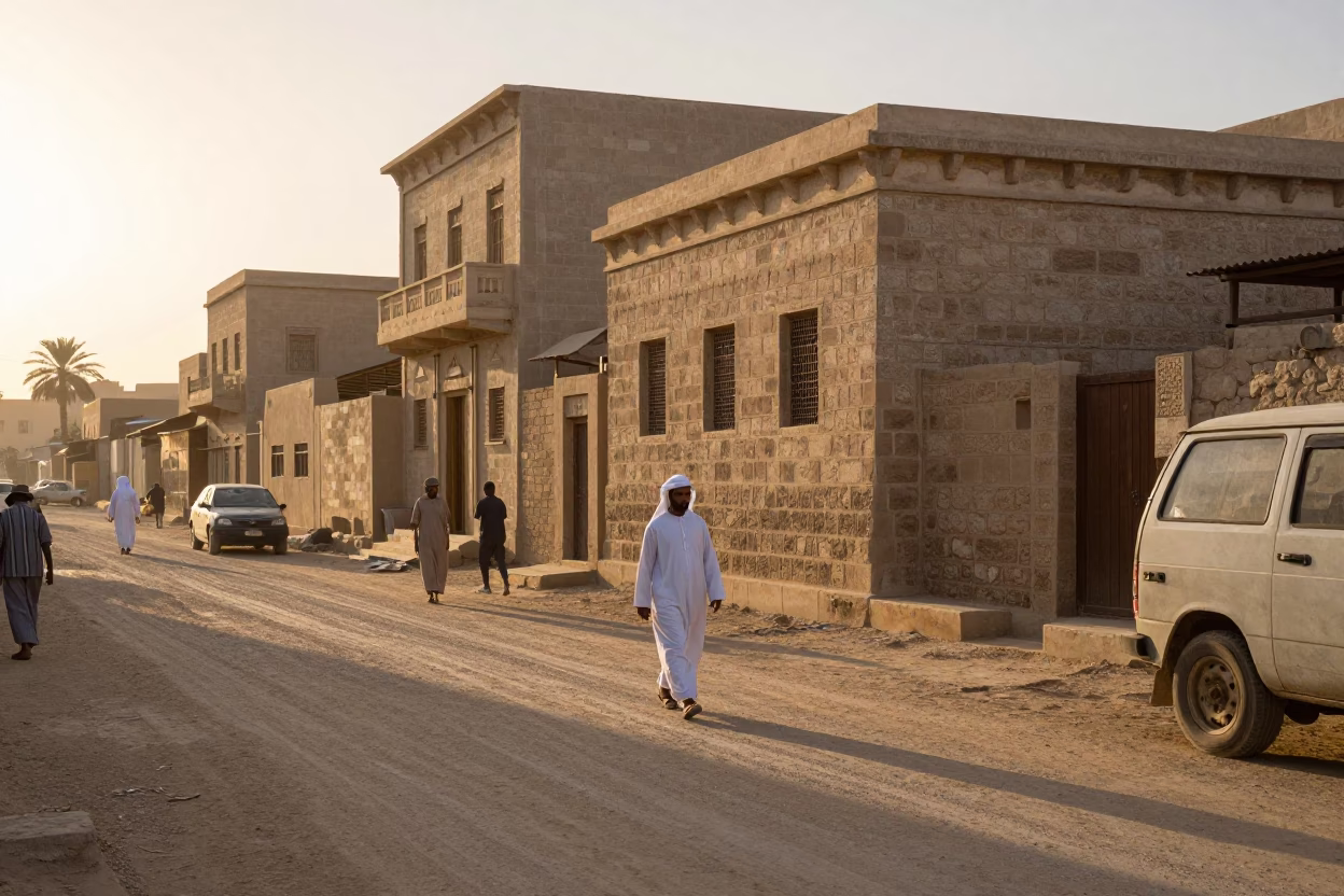 Luxor Egypt street scene at dawn with workers and traditional architecture in in Luxor, Egypt