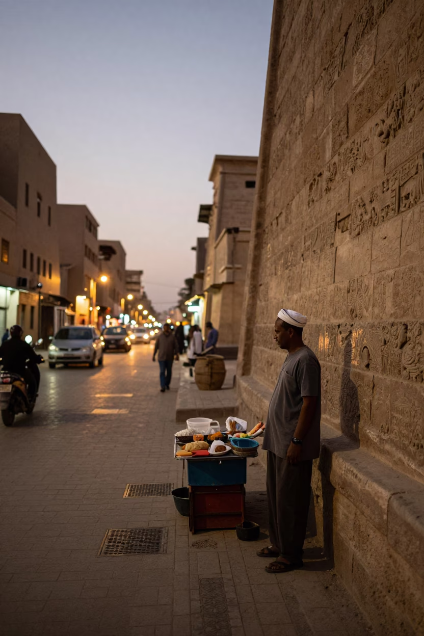 Luxor Egypt Street Scene at Dusk with Local Vendor and Traditional Attire in in Luxor, Egypt