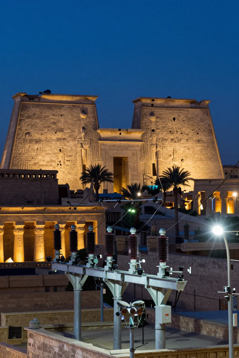 Luxor Egypt Street Scene at Dusk with Substation Insulators and Traditional Architecture in in Luxor, Egypt