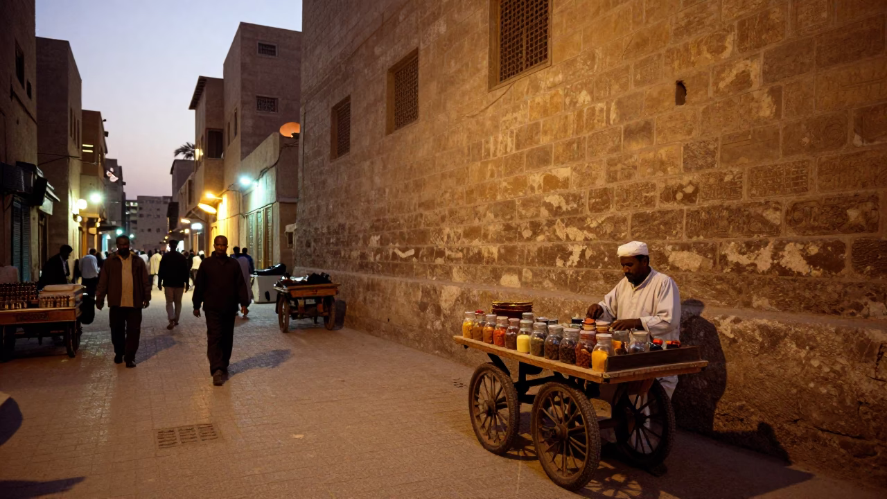 Luxor Egypt Street Scene at Dusk with Tea Stains and Spice Jars in in Luxor, Egypt
