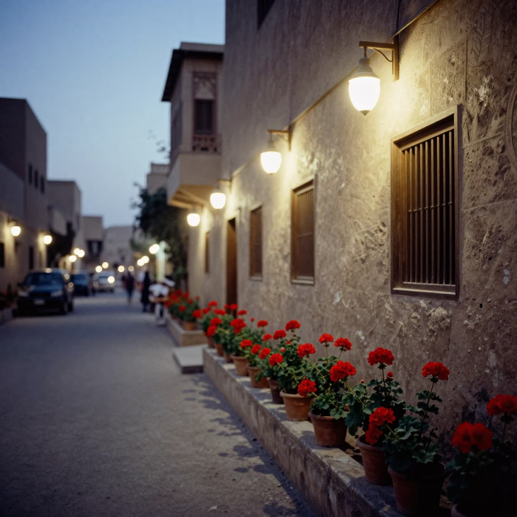 Luxor Egypt Street Scene at Dusk with Traditional Decor and Modern Lighting in in Luxor, Egypt