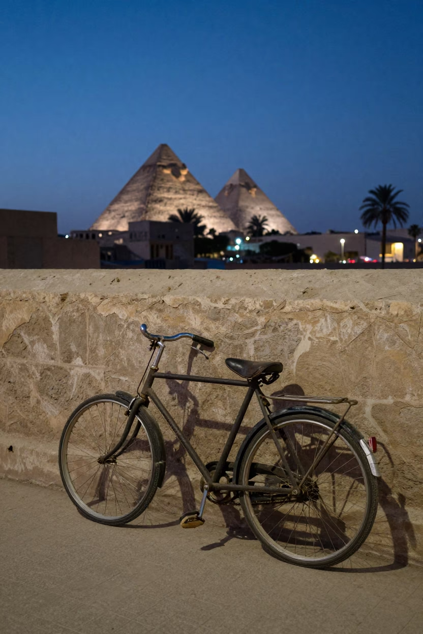 Luxor Egypt Street Scene at Dusk with Vintage Bicycle and Traditional Mudbrick Architecture in in Luxor, Egypt