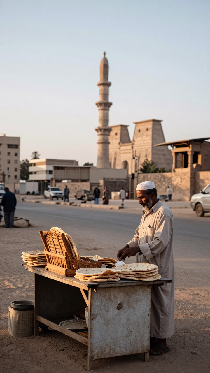 Luxor Egypt street scene at first light with local vendor and traditional elements in in Luxor, Egypt