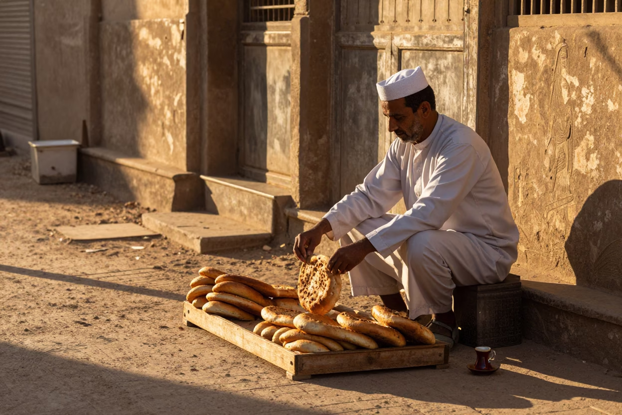 Luxor Egypt street scene at golden hour with traditional bread and tea in in Luxor, Egypt