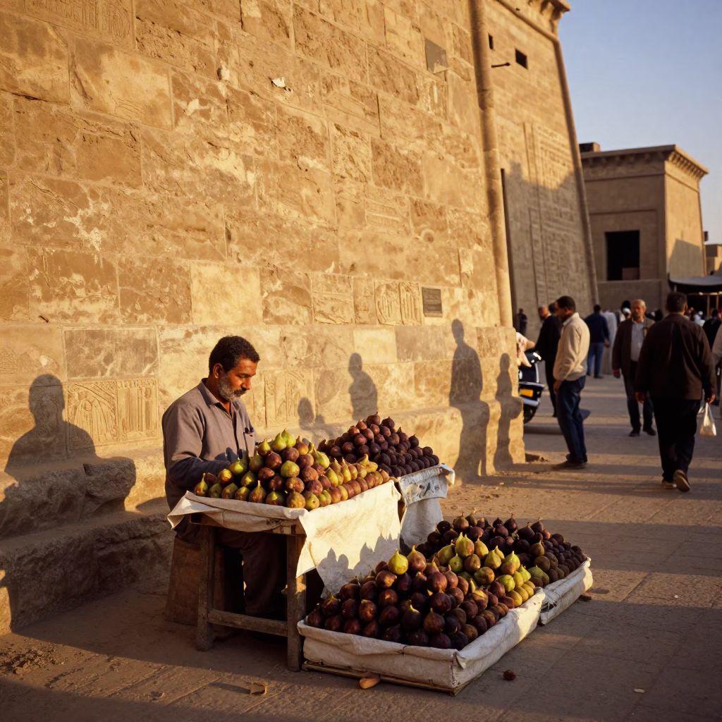 Luxor Egypt street scene at golden hour with vendor selling fresh figs in in Luxor, Egypt