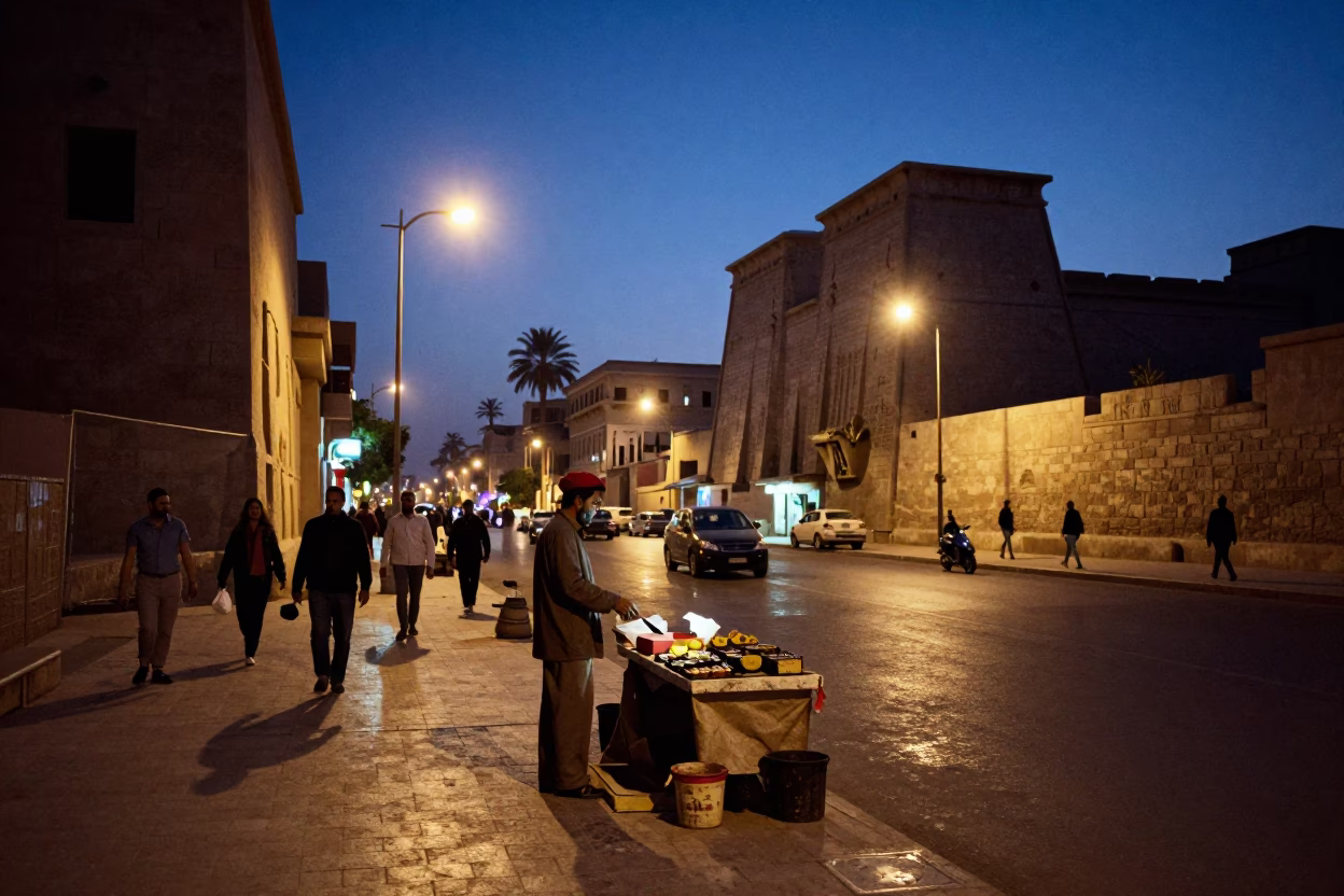 Luxor Egypt Street Scene at Indigo Twilight with Vendor and Porcelain Jar in in Luxor, Egypt