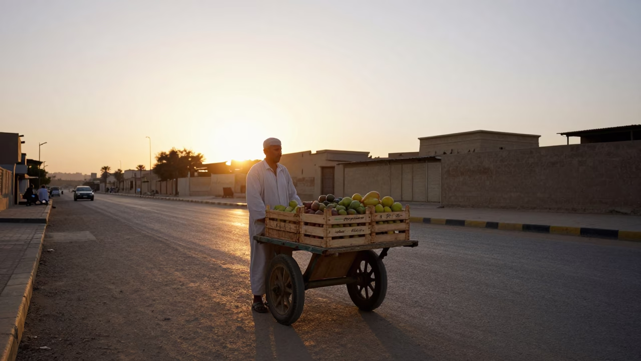 Luxor Egypt Street Scene at Sunset with Fruit Crate and Clay Pitcher in in Luxor, Egypt