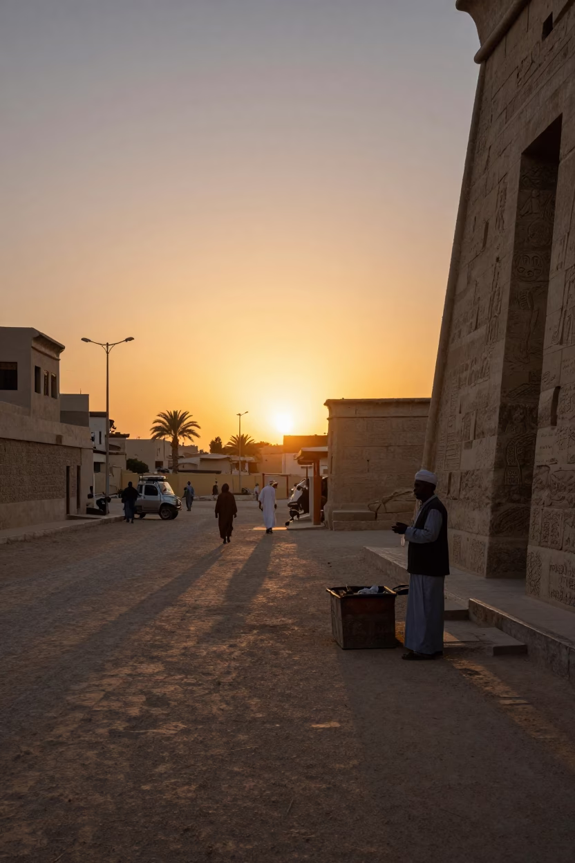 Luxor Egypt Street Scene at Sunset with Local Vendor and Traditional Elements in in Luxor, Egypt