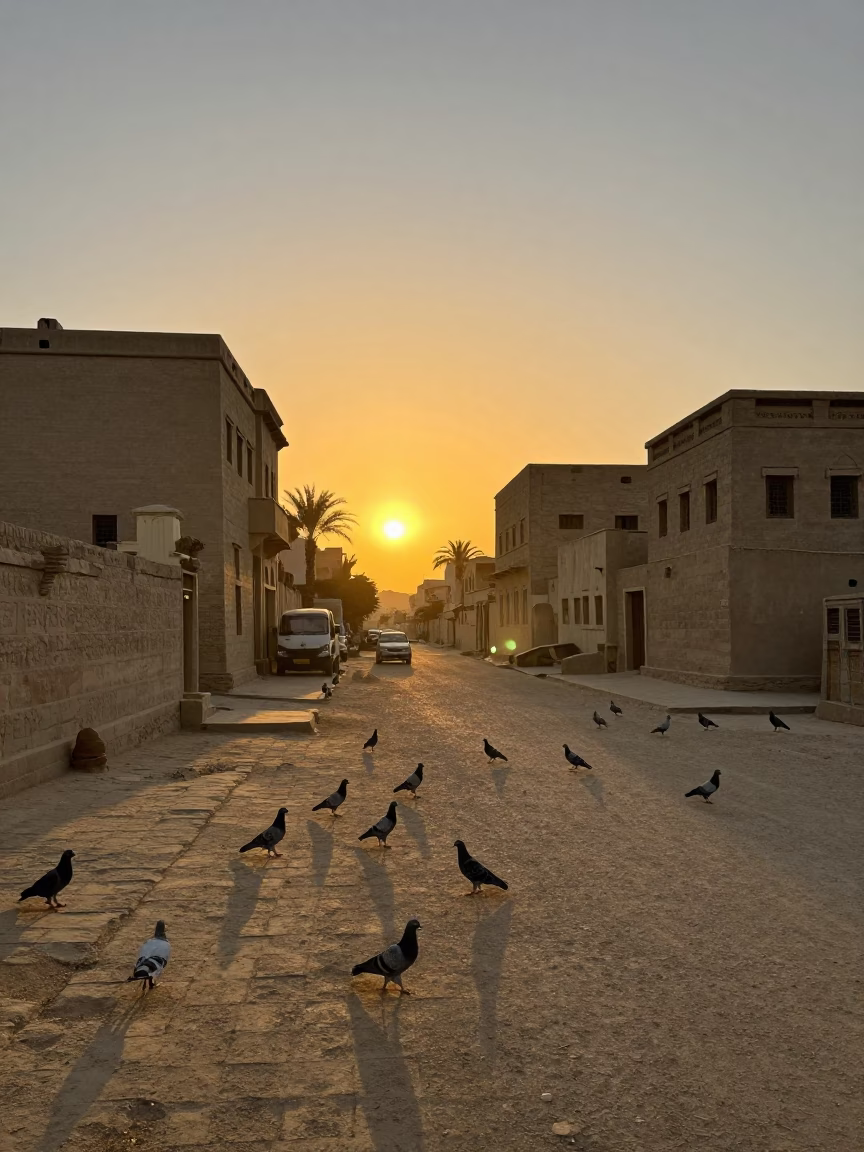 Luxor Egypt street scene at sunset with pigeons and traditional market activity in in Luxor, Egypt