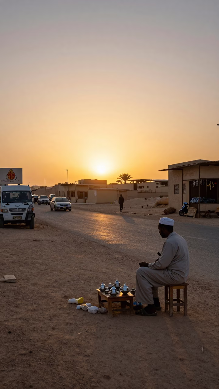 Luxor Egypt Street Scene at Sunset with Traditional Tea Service and Local Traffic in in Luxor, Egypt