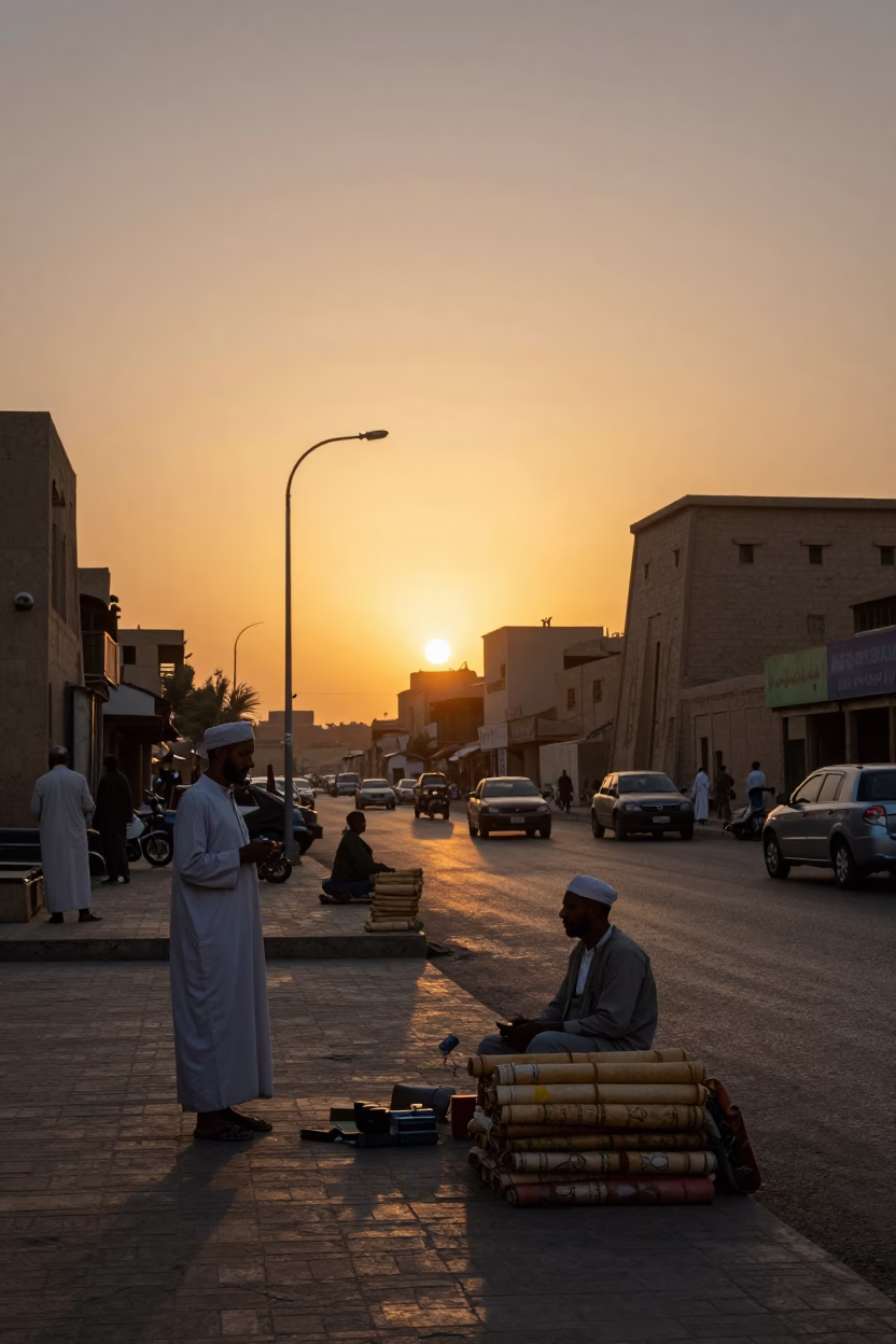 Luxor Egypt street scene at sunset with vendor and traditional items in in Luxor, Egypt