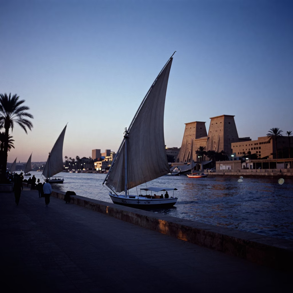 Luxor Egypt street scene before dawn with felucca silhouette and linen textile details in in Luxor, Egypt