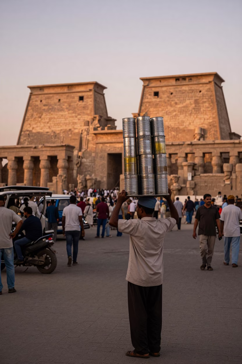 Luxor Egypt Street Scene Before Dusk With Local Vendor And Coffee Tin in in Luxor, Egypt