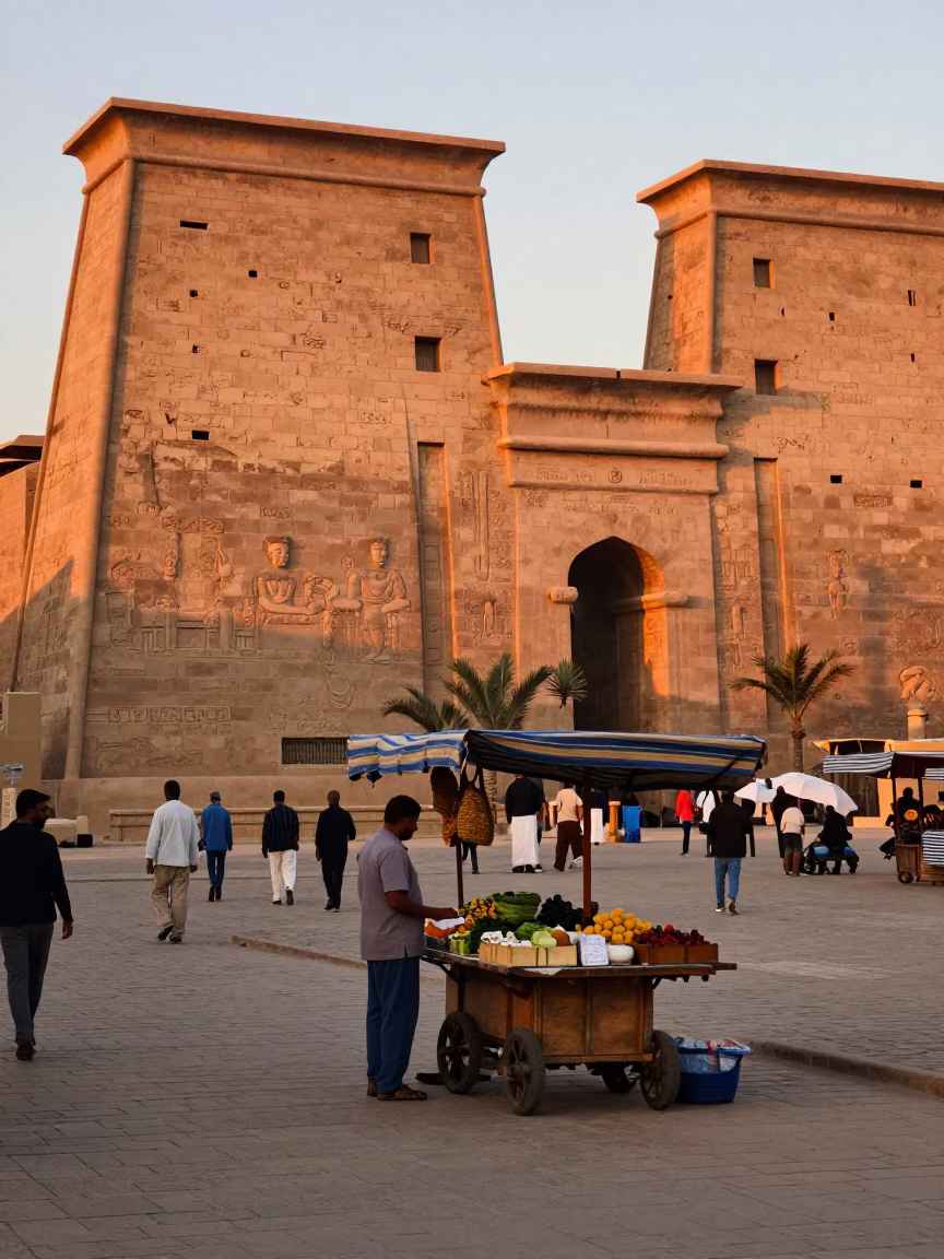 Luxor Egypt Street Scene Copper Dusk Light with Stone Architecture and Local Commerce in in Luxor, Egypt
