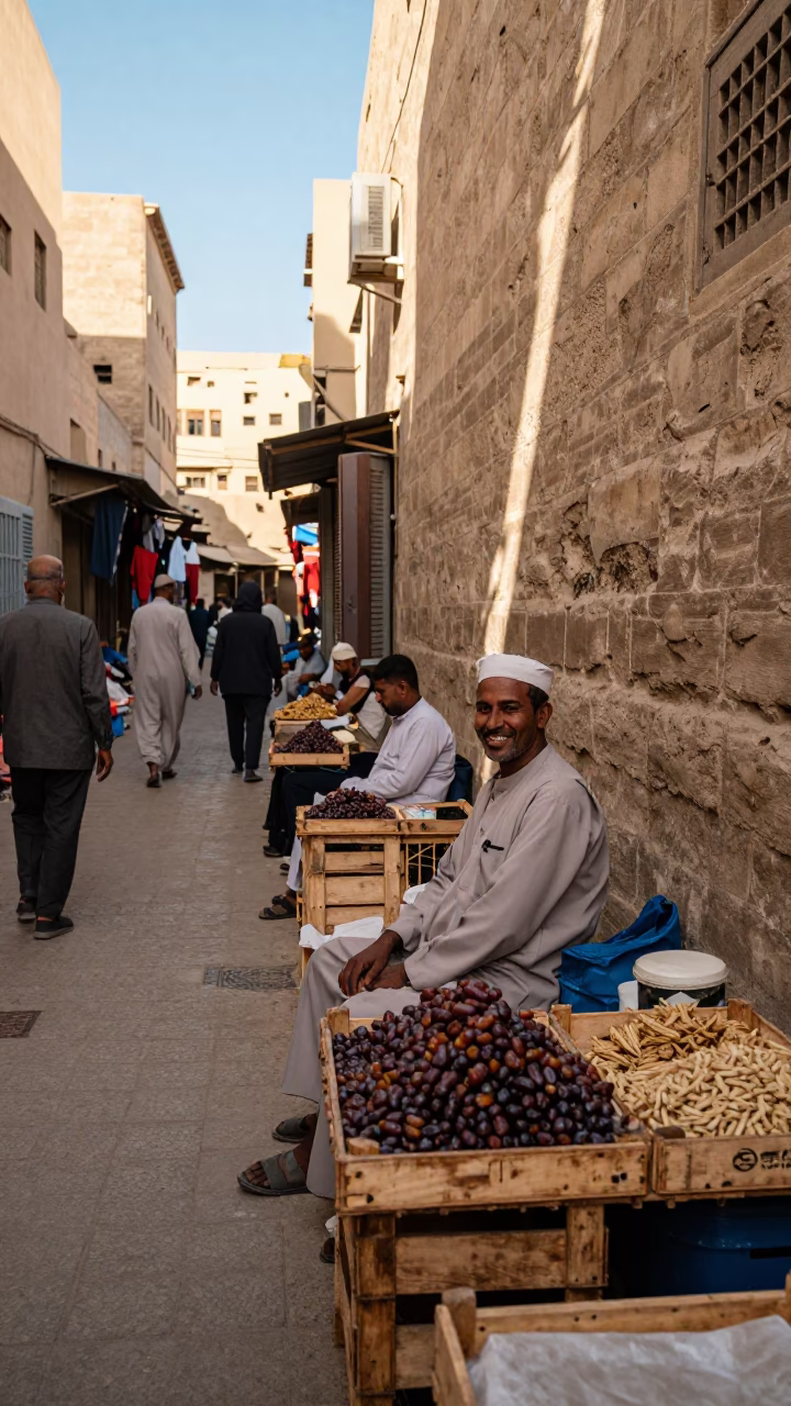 Luxor Egypt street scene early afternoon bustling market with local interactions in in Luxor, Egypt