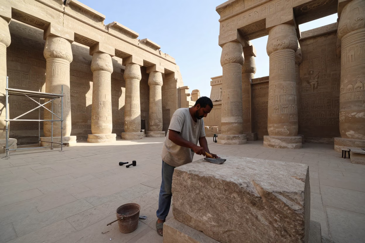 Luxor Egypt Street Scene Early Afternoon Stone Worker and Local Market Life in in Luxor, Egypt