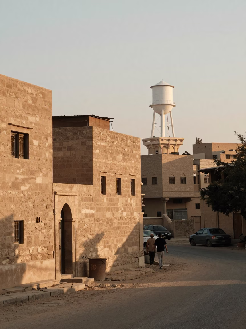 Luxor Egypt Street Scene Early Morning Light with Water Tower and Euphorbia Tree in in Luxor, Egypt