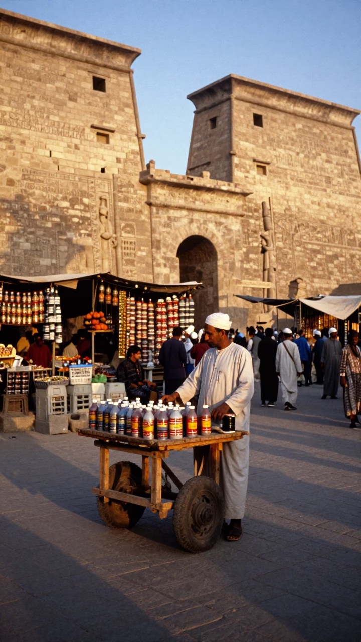 Luxor Egypt Street Scene First Light Thermal Bottle and Market Stall in in Luxor, Egypt