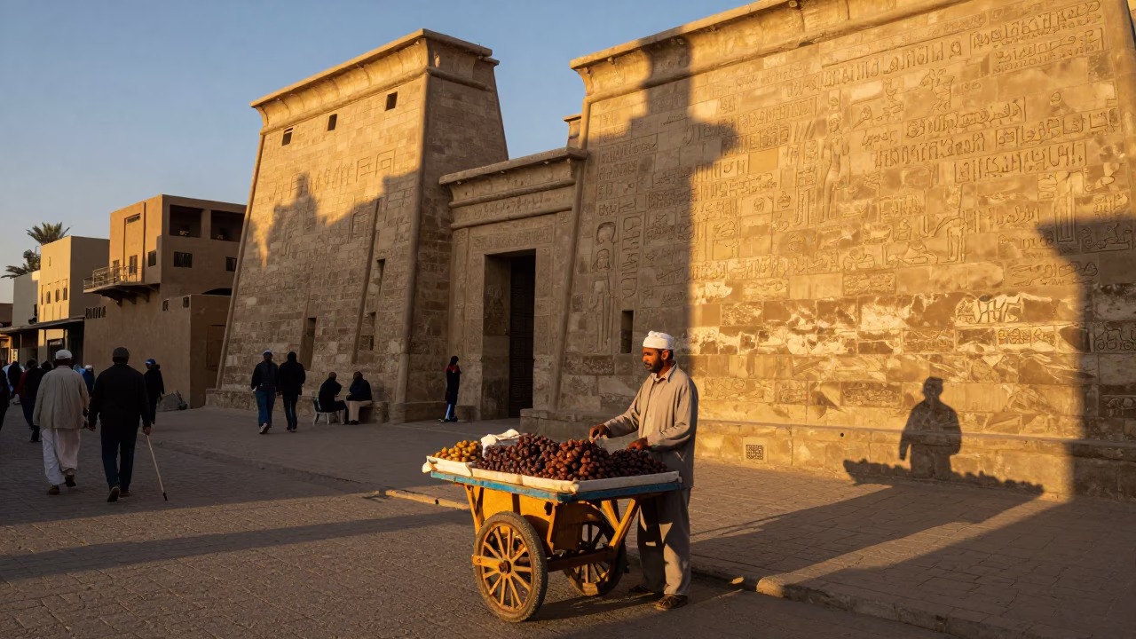 Luxor Egypt Street Scene Honeyed Evening Light with Local Vendor and Tourists in in Luxor, Egypt