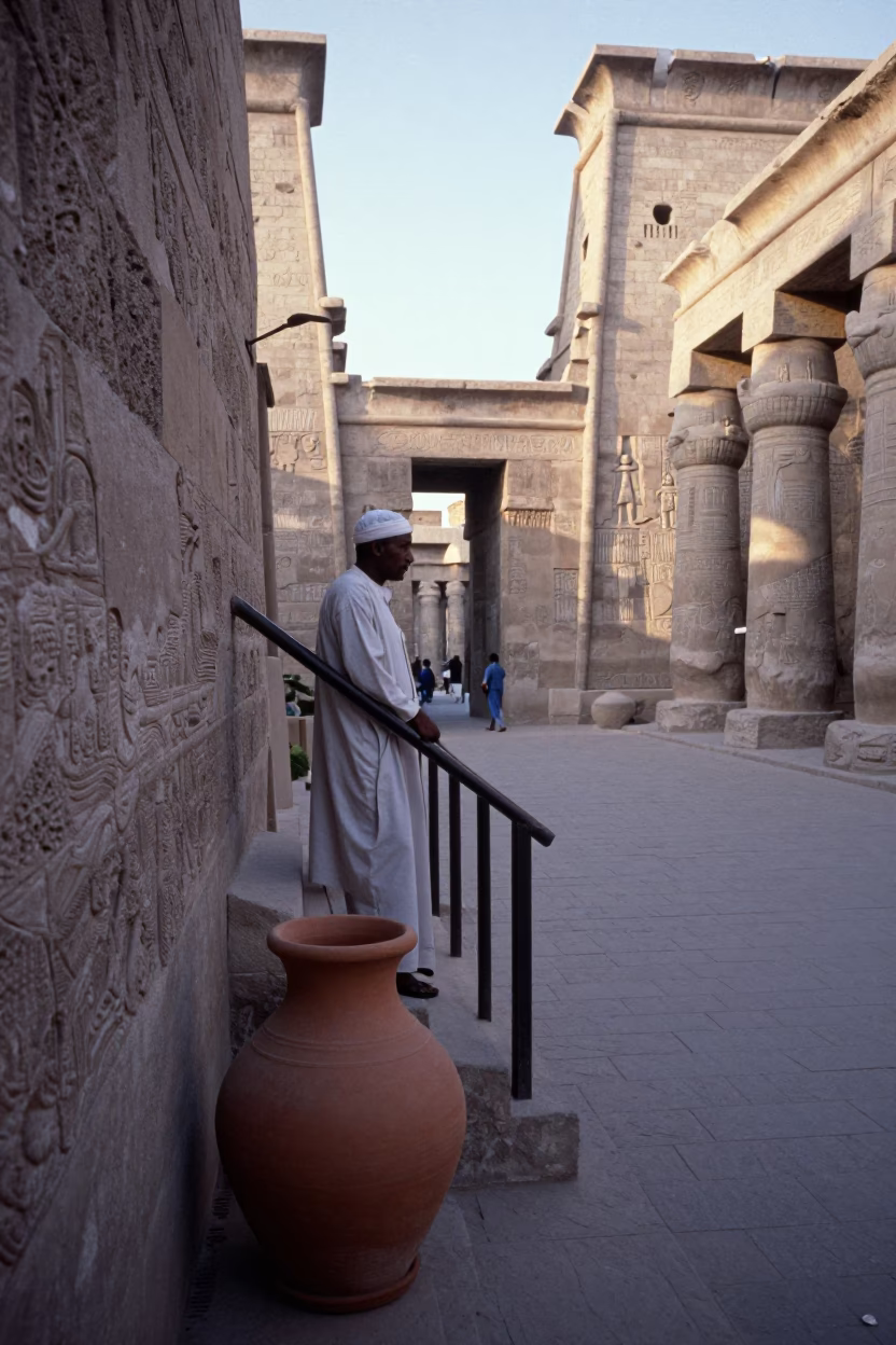 Luxor Egypt Street Scene Just After Sunrise Clay Pot and Stair Rail in in Luxor, Egypt