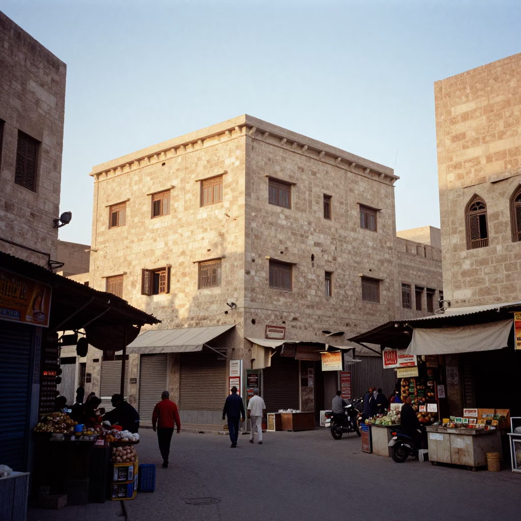 Luxor Egypt street scene just after sunrise with limestone buildings and local market activity in in Luxor, Egypt
