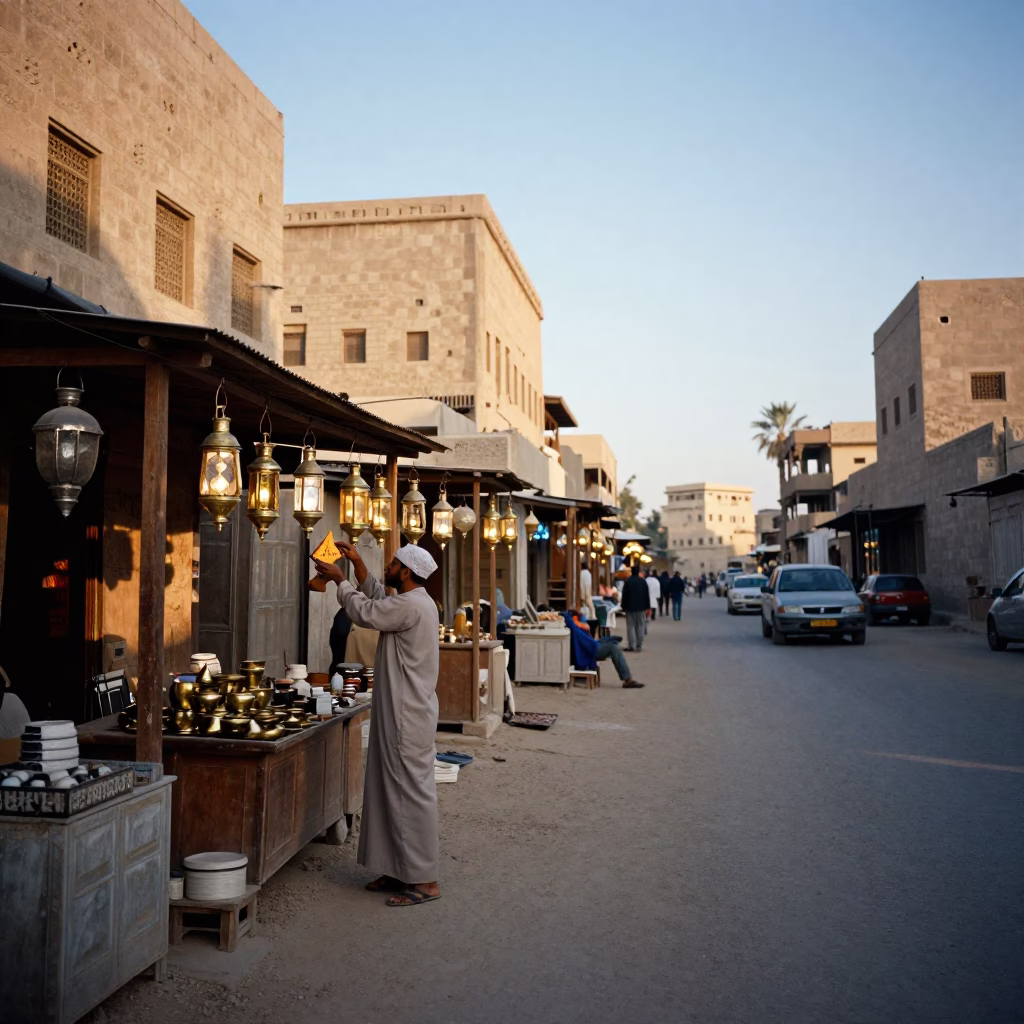 Luxor Egypt street scene just after sunrise with traditional lanterns and local commerce in in Luxor, Egypt