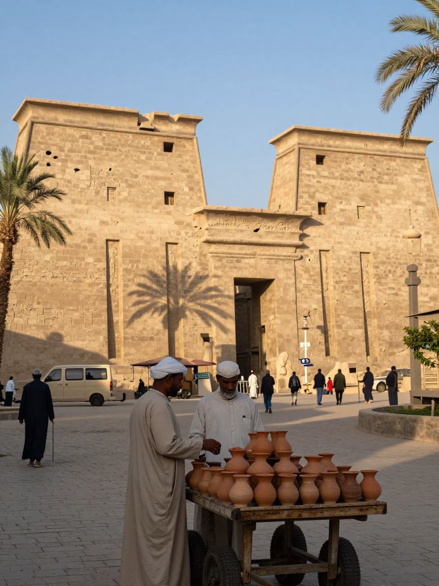 Luxor Egypt Street Scene Late Afternoon Light Stone Architecture and Local Life in in Luxor, Egypt