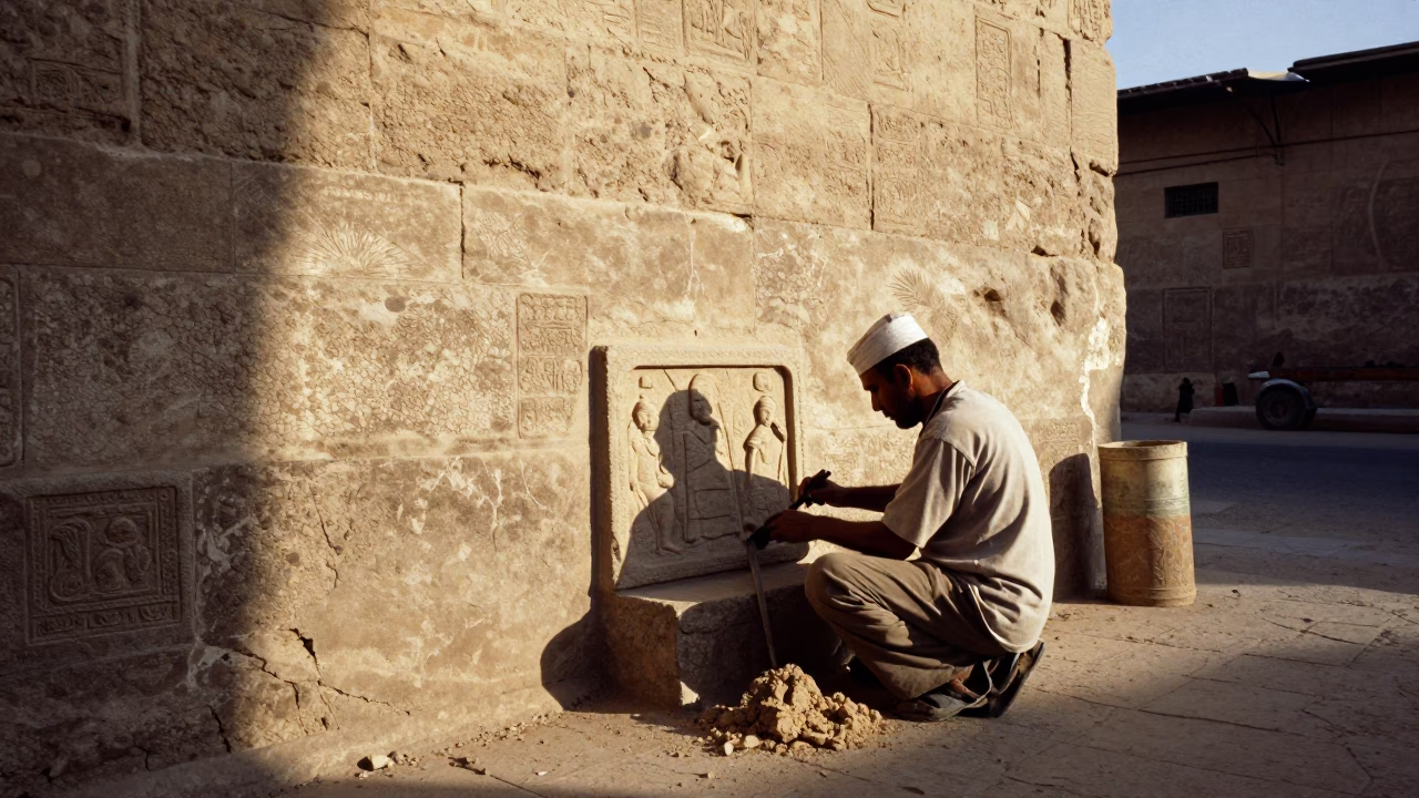Luxor Egypt Street Scene Late Afternoon Light with Stone Carving and Local Market Activity in in Luxor, Egypt