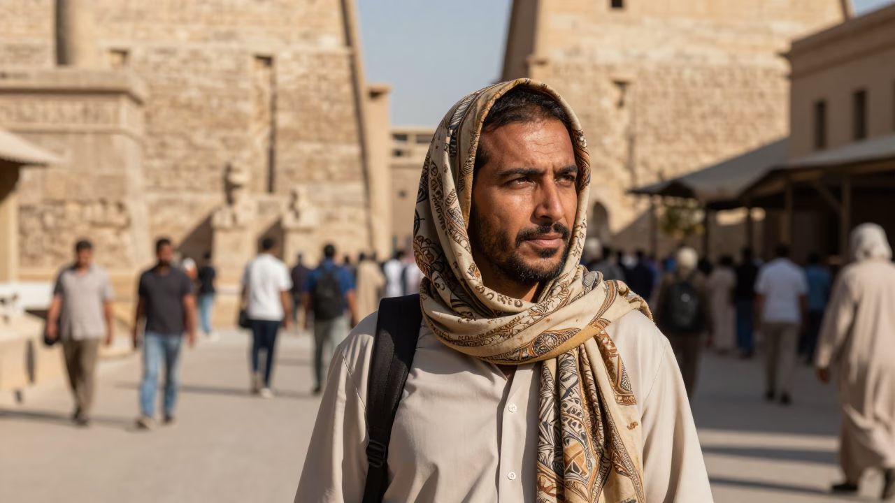 Luxor Egypt Street Scene Midmorning Light Tourist with Scarf and Local Guide in in Luxor, Egypt