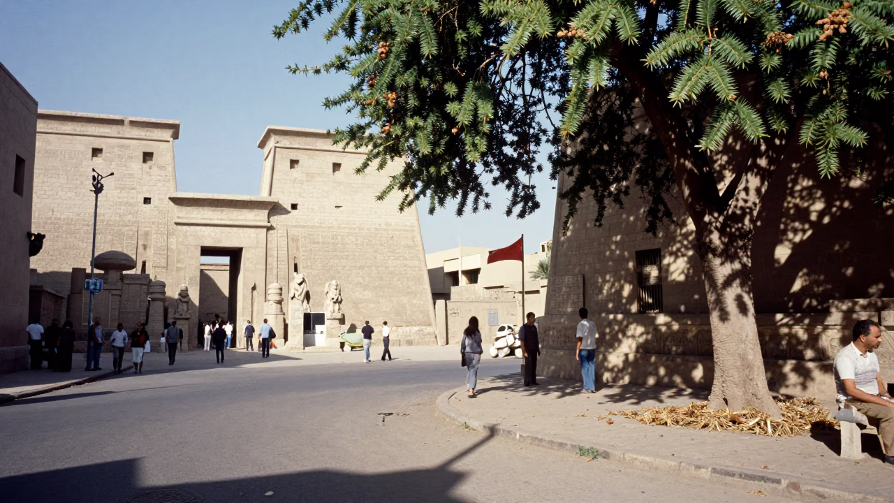 Luxor Egypt Street Scene Midmorning Light with Chestnut Tree Husks and Local Market Activity in in Luxor, Egypt