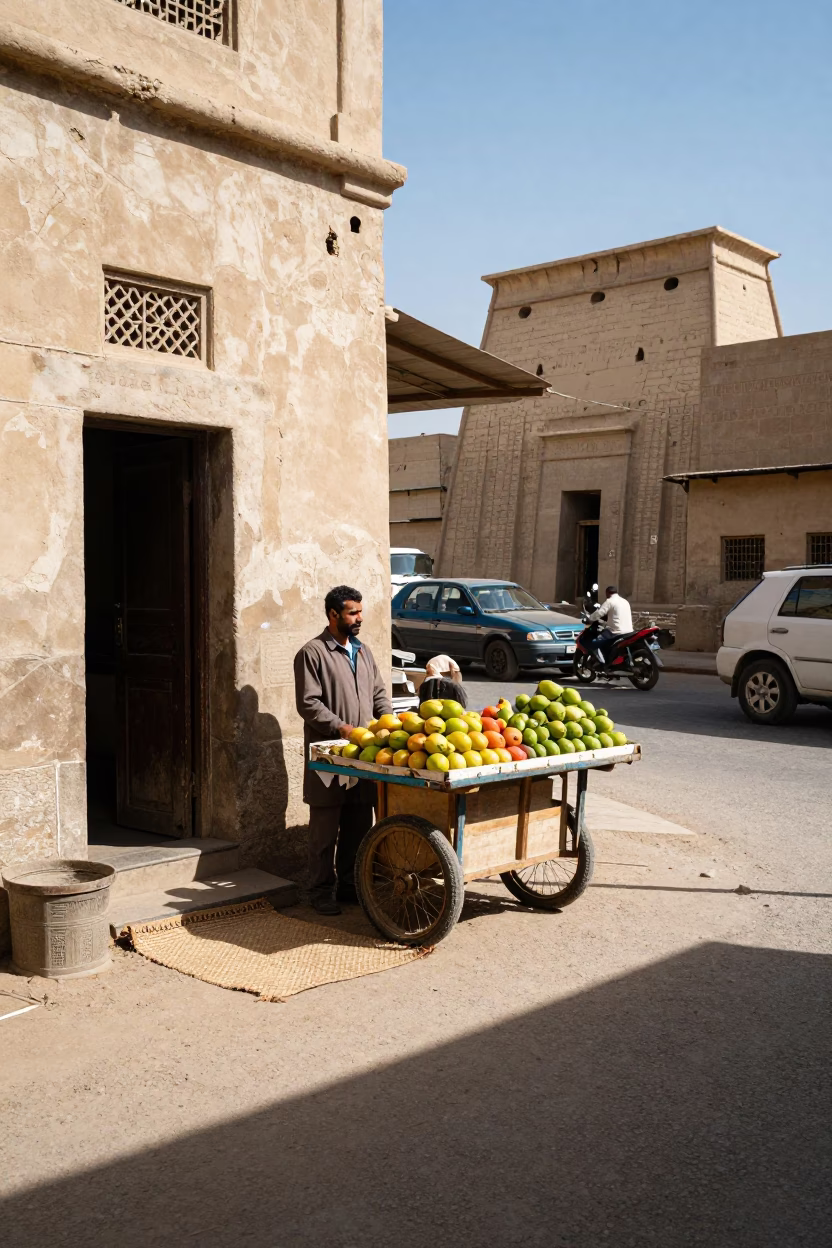 Luxor Egypt Street Scene Midmorning Light with Local Vendor and Traditional Elements in in Luxor, Egypt