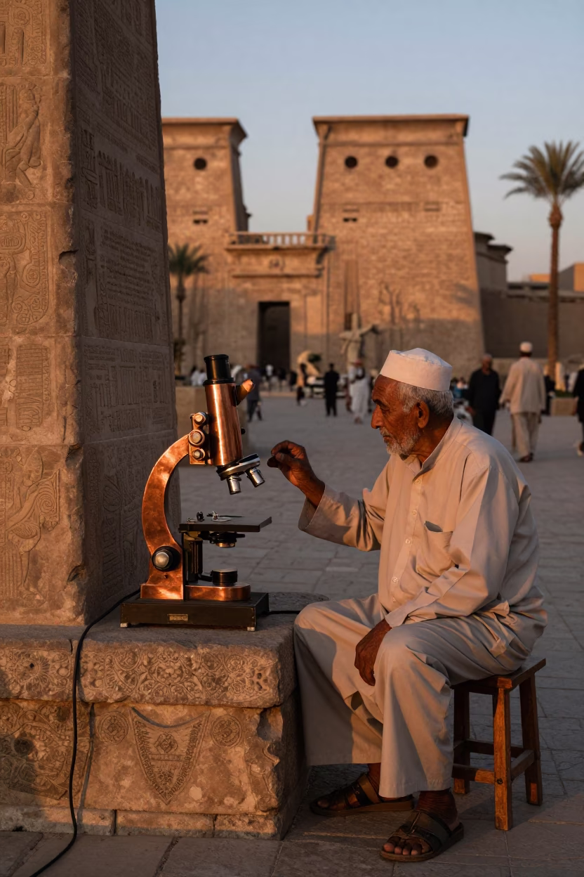 Luxor Egypt Street Scene with Antique Microscope and Copper Dusk Light in in Luxor, Egypt