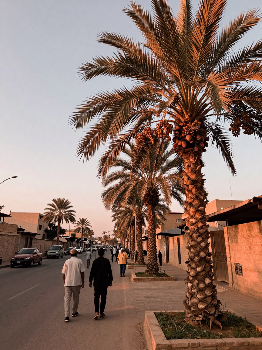 Luxor Egypt Street Scene with Date Palm and Tourists in Copper Dusk Light in in Luxor, Egypt