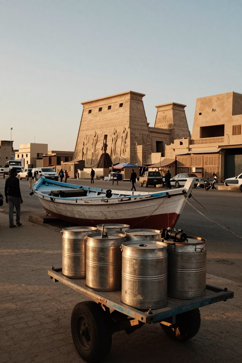 Luxor Egypt Street Scene with Junk Boat and Canisters in Evening Light in in Luxor, Egypt