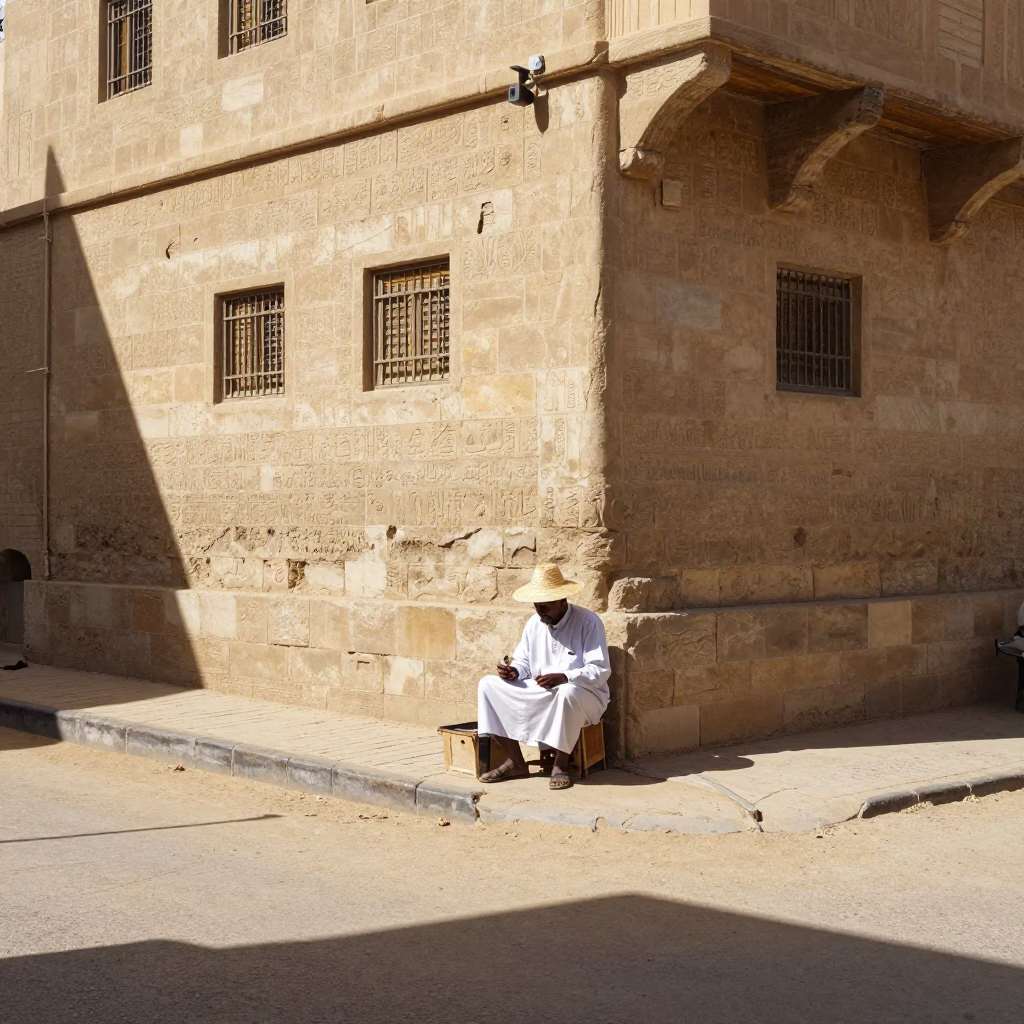 Luxor Egypt street scene with local artisan wearing straw hat under bright midmorning light in in Luxor, Egypt