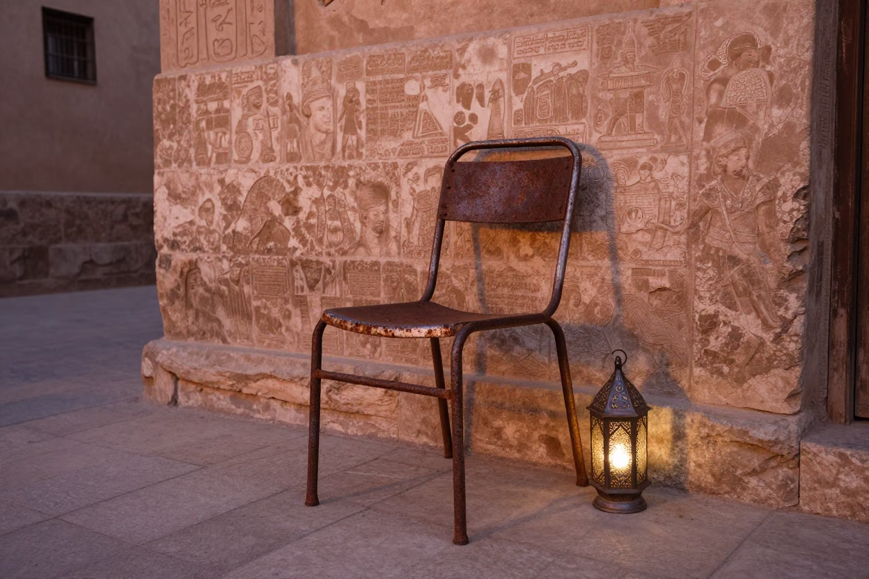 Luxor Egypt Street Scene with Rusty Chair and Lantern in Copper Dusk Light in in Luxor, Egypt