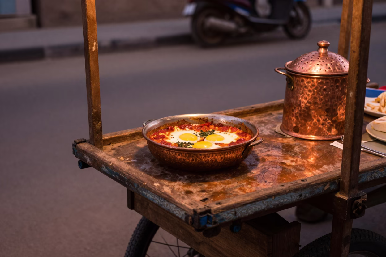 Luxor Egypt street scene with shakshouka bowl in warm copper dusk light in in Luxor, Egypt