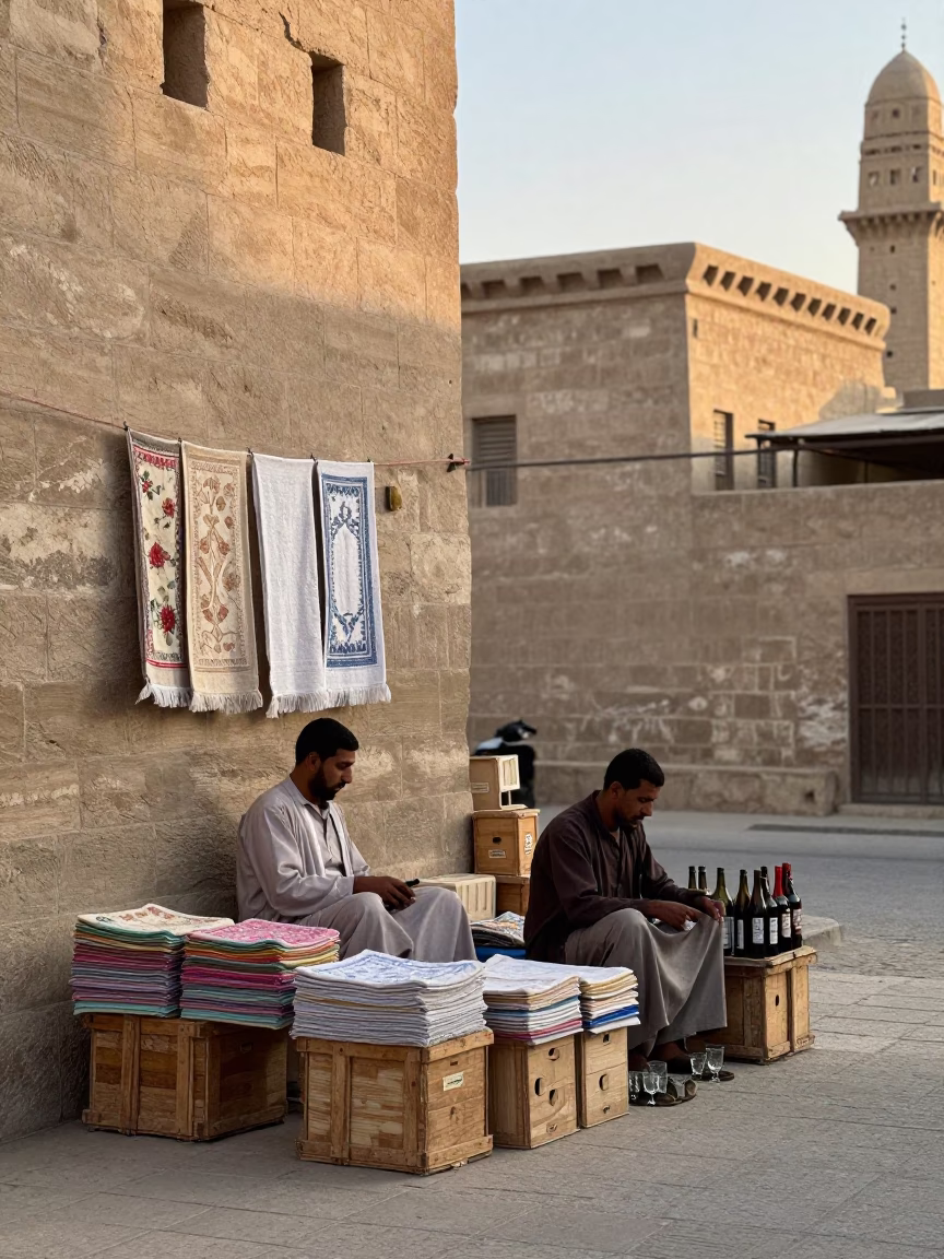 Luxor Egypt street scene with tea towels and bottles after sunrise in in Luxor, Egypt