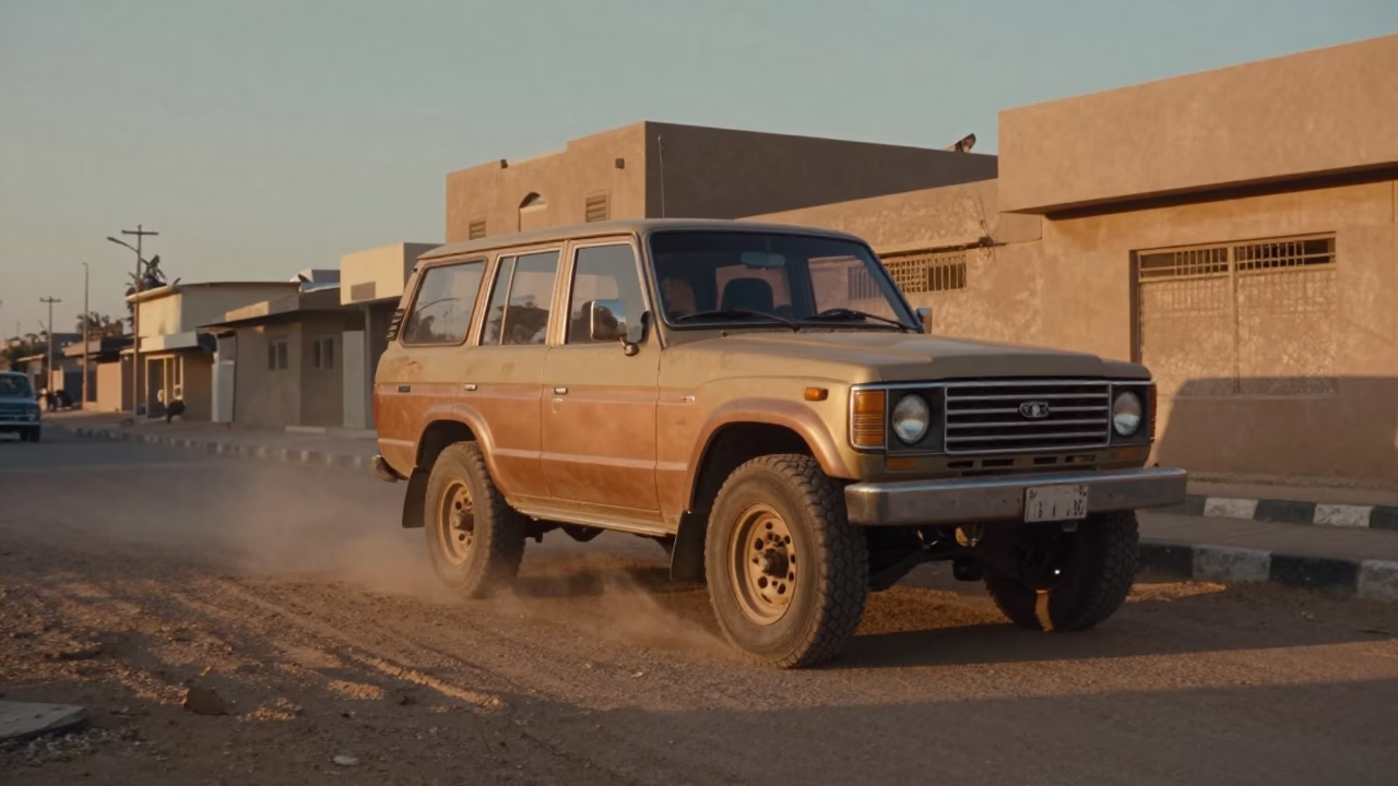 Luxor Egypt Street Scene with Vintage Off-Road SUV in Copper Toned Dusk Light in in Luxor, Egypt