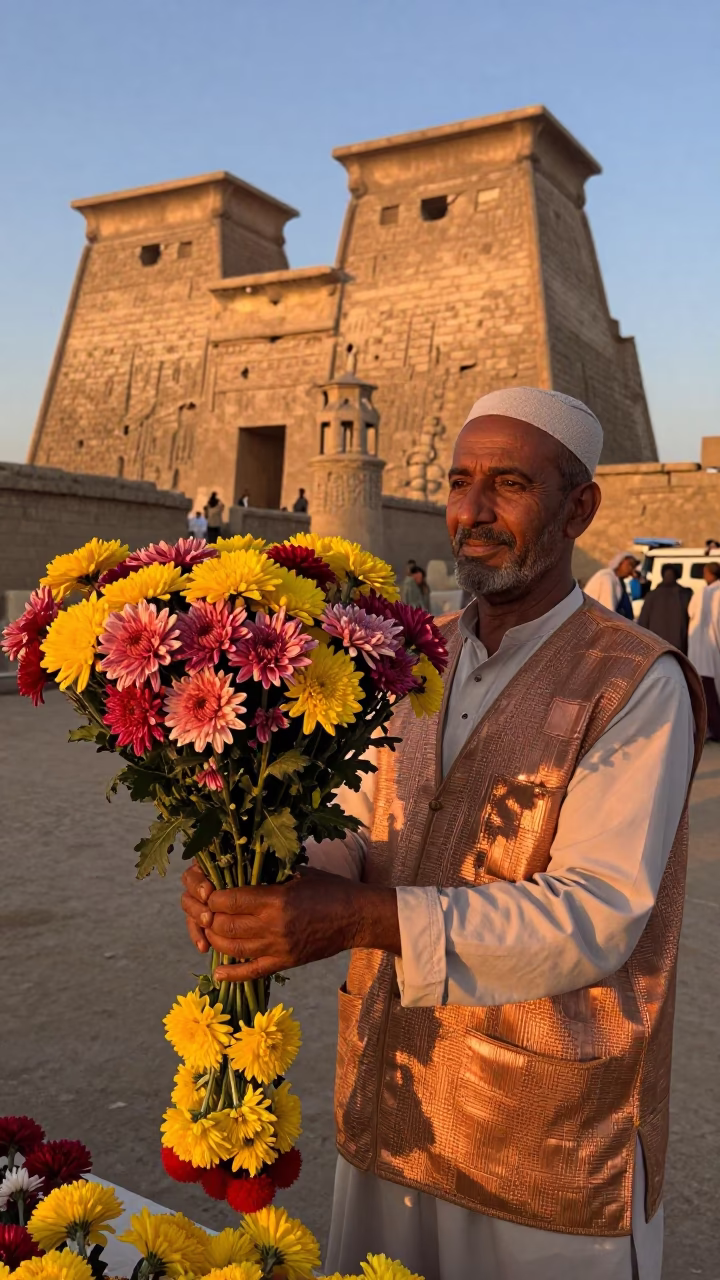Luxor Egypt street vendor copper light dusk chrysanthemum flower garland in in Luxor, Egypt