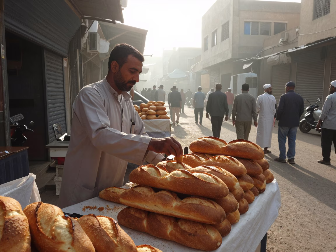 Luxor Egypt Street Vendor Selling Fresh Bread Loaves at First Light in in Luxor, Egypt