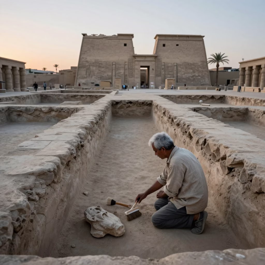 Luxor Egypt sunrise archaeology excavation site with fossil brush and folding ruler in in Luxor, Egypt