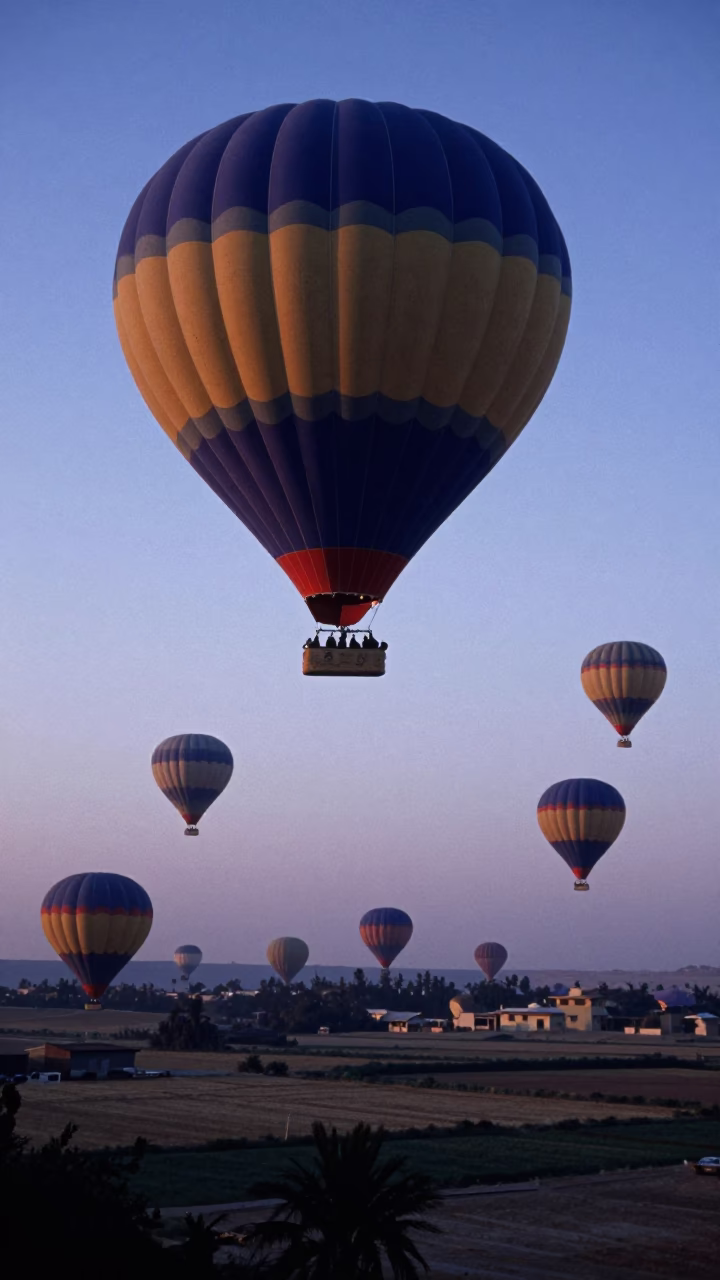Luxor Egypt sunrise hot air balloon fleet mass ascent over ancient Nile valley in in Luxor, Egypt