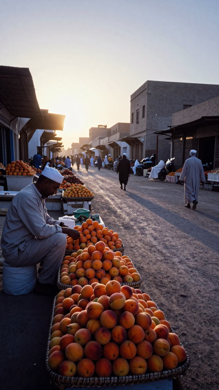 Luxor Egypt sunrise street scene with apricots and traditional market activity in in Luxor, Egypt